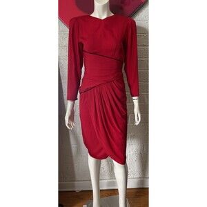 VTG  1980s RED Party dress Sz 4 Barbara Barbara Black Trim